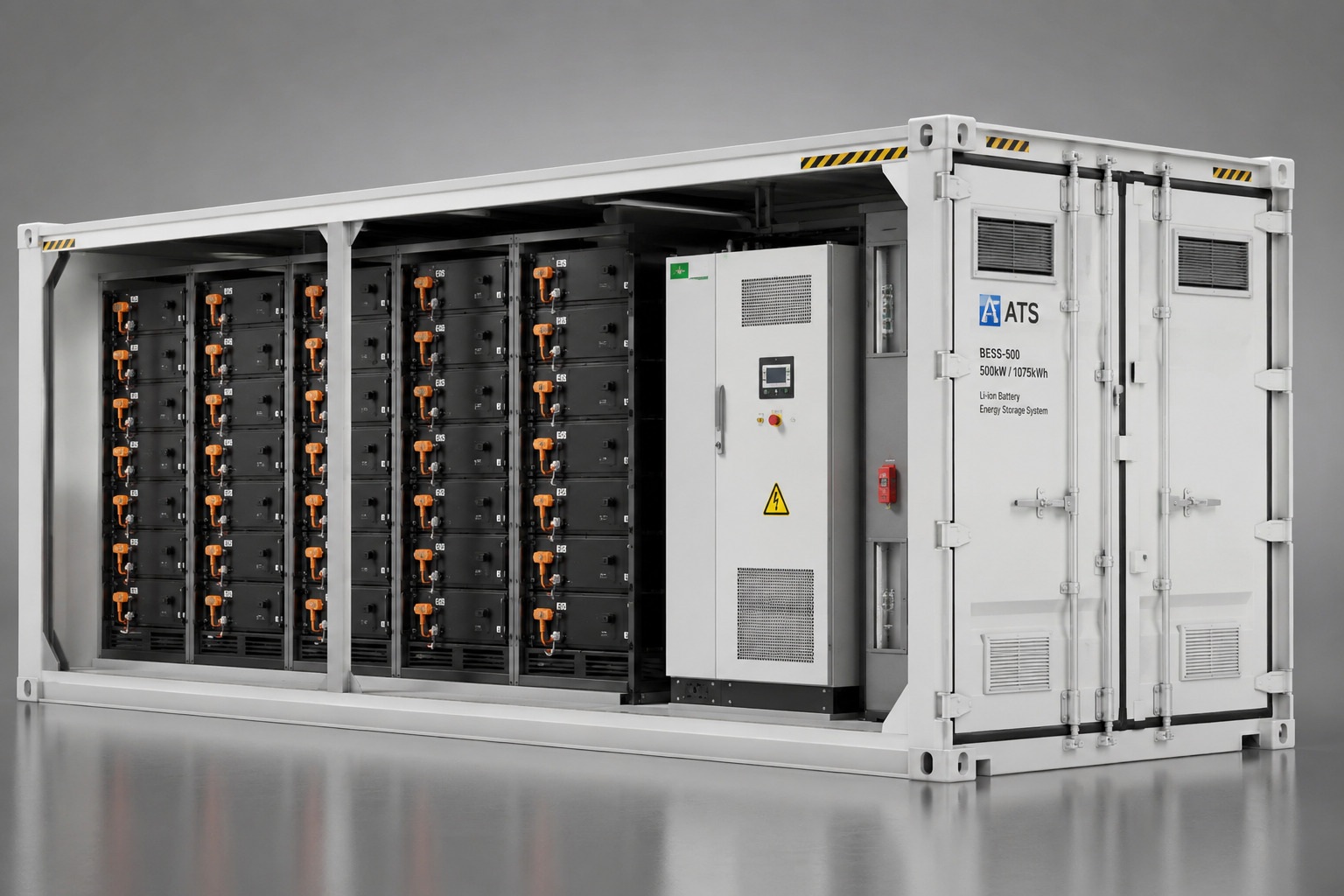 Render ilustrativo de sistema de almacenamiento de energía BESS en contenedor industrial